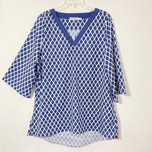 RETRO THREADS Navy White XL Print V-Neck Tunic Blouse Top Cruise Beach Coverup